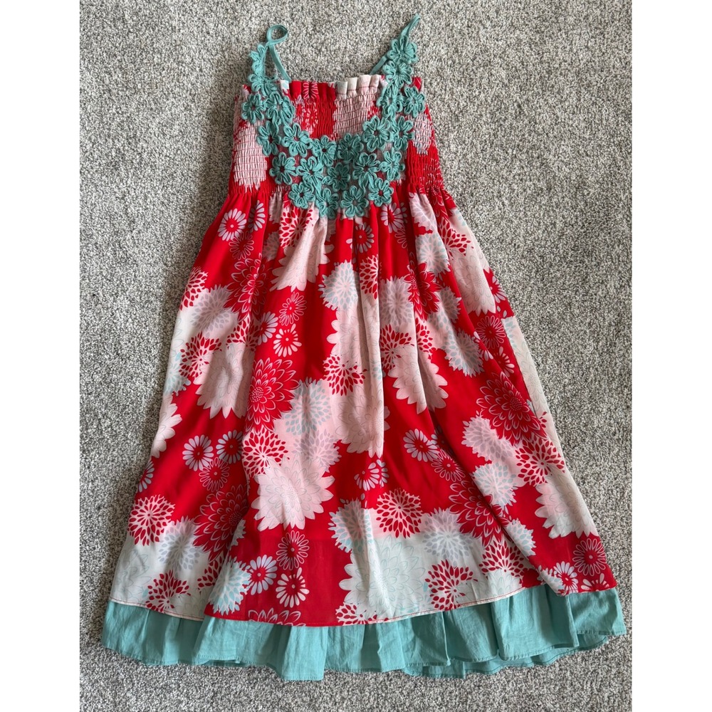 A'Reve Girls Red Floral Smocked‎ Sun Dress Teal Crochet Lace Accent Size M